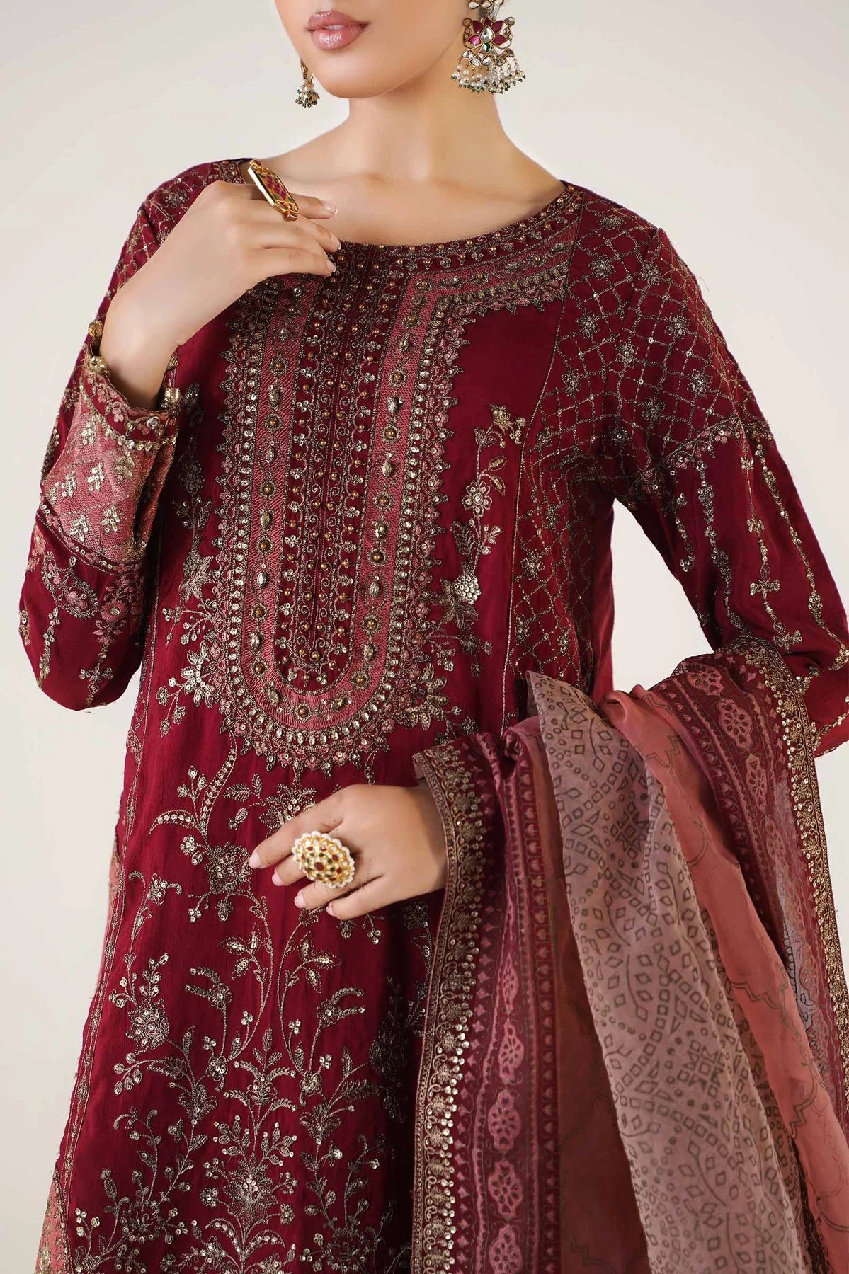 3 Piece Embroidered Raw Silk Suit