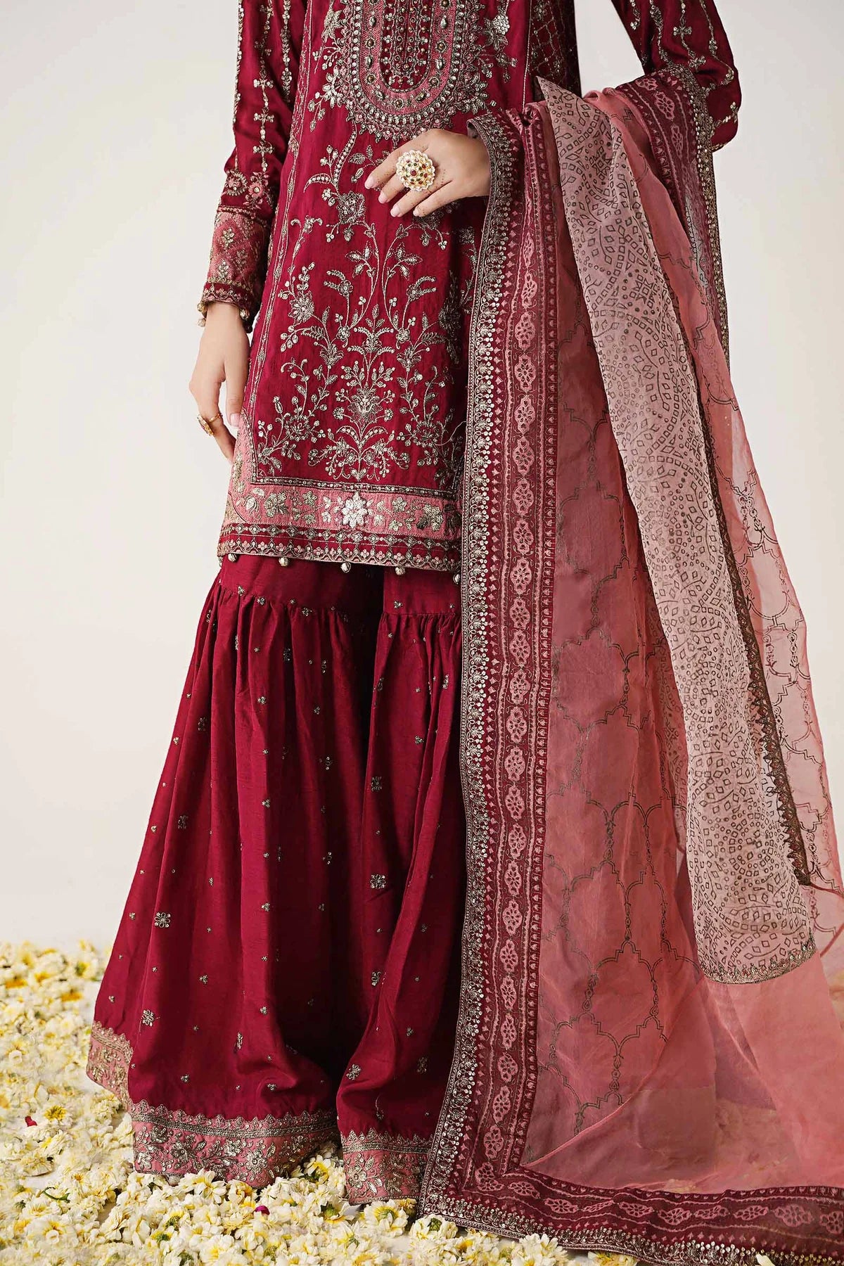 3 Piece Embroidered Raw Silk Suit